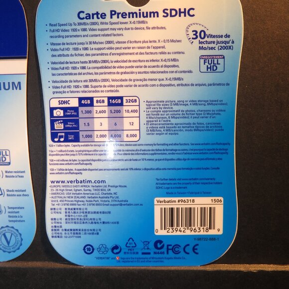 Verbatim 96318 Class 10 SDHC Memory Card 8GB UPC 0023942963189 NIB NEW box of 4 - Picture 3 of 6